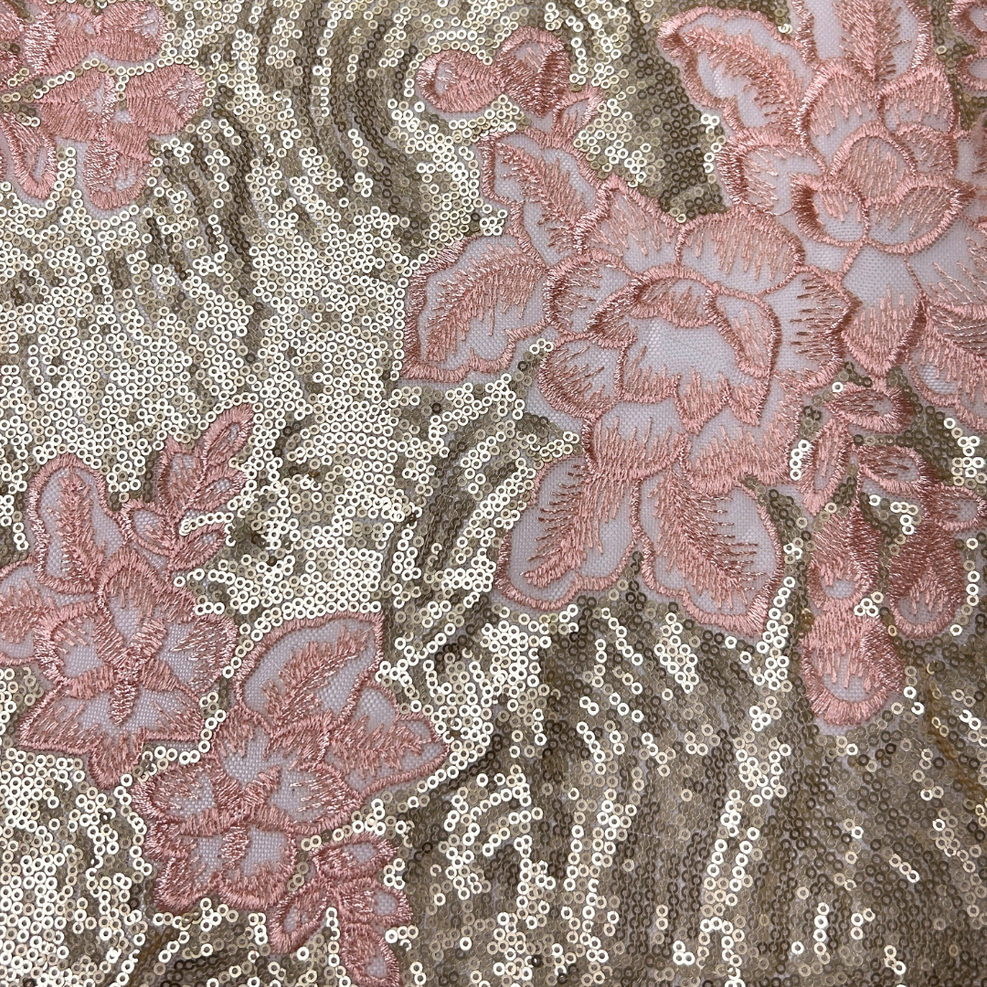 TUL BORDADO CON FLORES Y LENTEJUELA