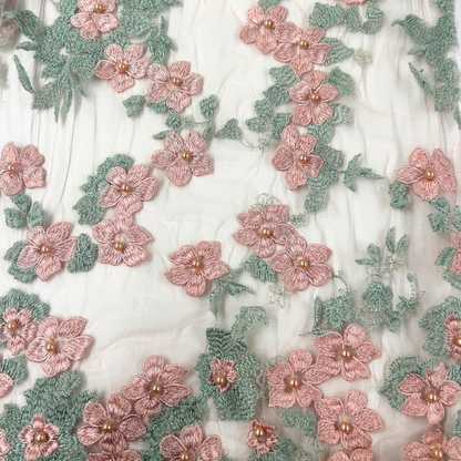 TUL BORDADO FLORES BICOLOR CON PERLAS